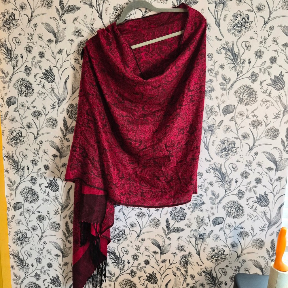 Vintage Pashmina Silk Blend Paisley Shawl Wrap Red Black Floral Scarf Whimsigoth